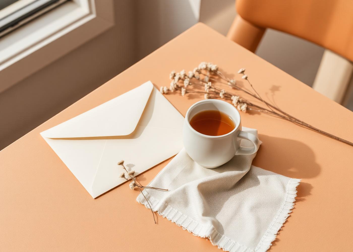 Crèmekleurige envelop met droogbloemen en thee op een warme tafel